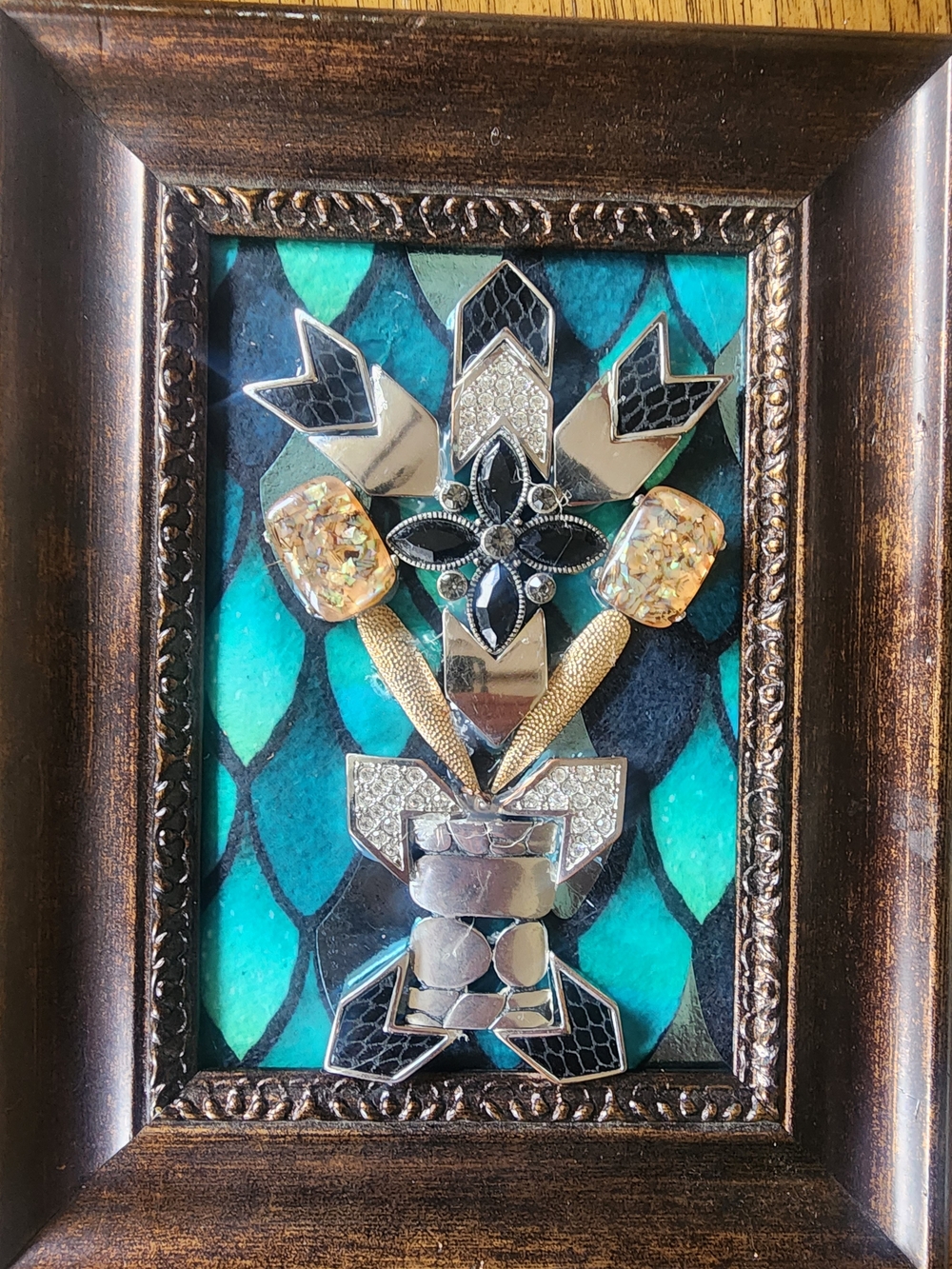 Turquoise Vintage Framed Jewelry Art Mixed Media Collage OOAK Floral Handmade